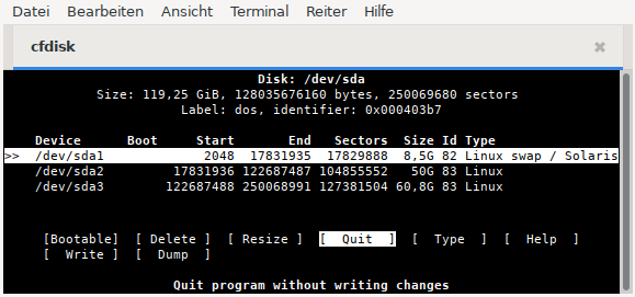 cfdisk - Start